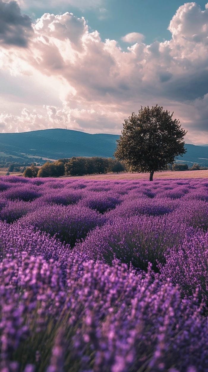 ảnh cánh đồng hoa lavender dưới trời xanh